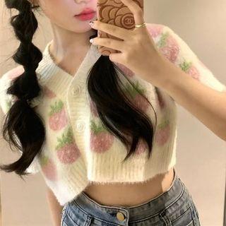 Short-sleeve Strawberry Print Cropped Knit Top Strawberry - One Size