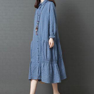 Long-sleeve Gingham Paneled Midi Shirt Dress
