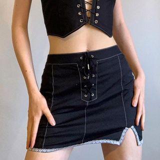 Lace Trim Lace-up Mini Pencil Skirt