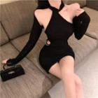 Set: Halter-neck Cutout Mini Bodycon Dress + Shrug