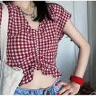 V-neck Plaid Short-sleeve Top / Wide Leg Jeans