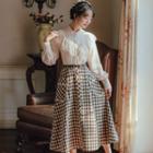 Set: Long-sleeve Ruffled Blouse + Check Midi A-line Skirt