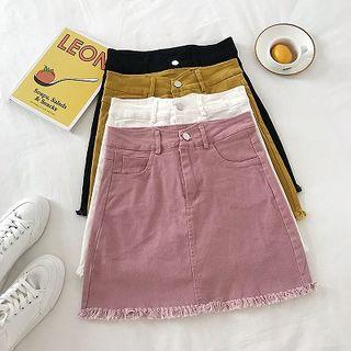 Plain High-waist Frayed A-line Skirt