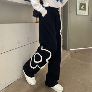 Flower Applique Fleece-lined Wide Leg Pants