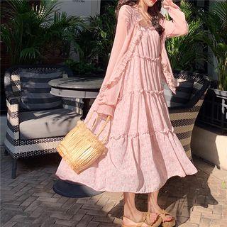 Ruffle Trim Light Cardigan / Spaghetti Strap Floral Dress