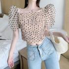 Spaghetti-strap Dotted Puff-sleeve Ruched Mesh Top
