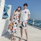 Couple Matching Spaghetti Strap Print Midi A-line Dress / Short-sleeve T-shirt / Shorts