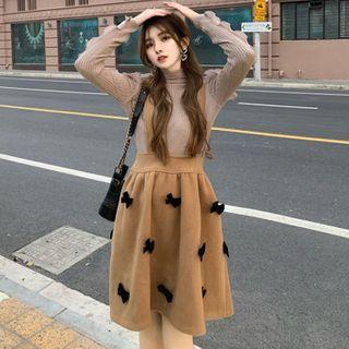 Ruffled-trim Cutout Knit Top / Ribbon-accent Wool Jumper Dress