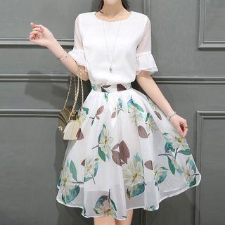 Set: Floral A-line Skirt + Frill Trim Elbow Sleeve Top