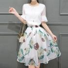 Set: Floral A-line Skirt + Frill Trim Elbow Sleeve Top