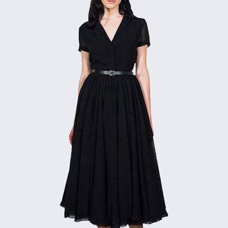 Short-sleeve V-neck Midi Dress With Belt