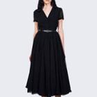 Short-sleeve V-neck Midi Dress With Belt