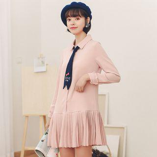 Long-sleeve Tie-neck Pleated Mini Dress