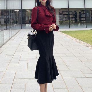 Set: Plain Blouse + Ruffle Hem Midi Pencil Skirt