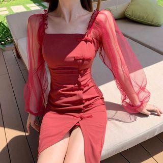 Long-sleeve Mesh Panel Frog Buttoned Mini Dress