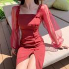 Long-sleeve Mesh Panel Frog Buttoned Mini Dress