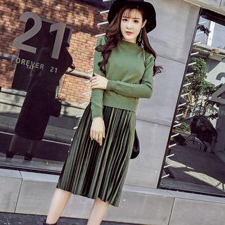 Set: Mock-neck Knit Top + Velvet Accordion Skirt
