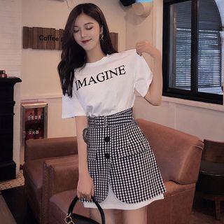 Lettering Short-sleeve T-shirt Dress / Plaid A-line Skirt