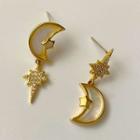 Moon & Star Rhinestone Asymmetrical Dangle Earring 1 Pair - Earring - Gold - One Size