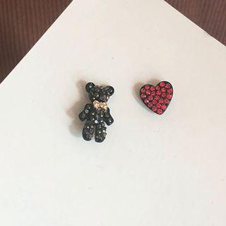Non-matching Rhinestone Heart & Bear Earring