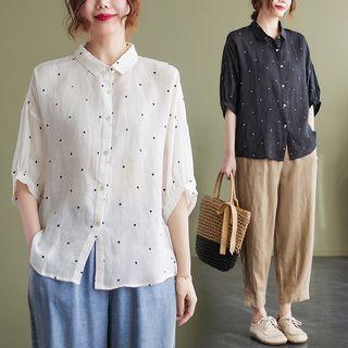 3/4-sleeve Dotted Linen Shirt