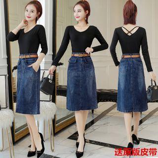 Long-sleeve T-shirt / Denim A-line Skirt / Set