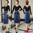 Long-sleeve T-shirt / Denim A-line Skirt / Set