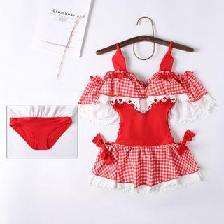Lace Trim Cold-shoulder Gingham Swim Dress