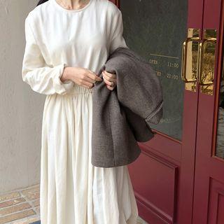 Long-sleeve Plain A-line Midi Dress White - One Size