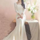 3/4-sleeve Square-neck Mermaid Wedding Gown