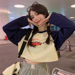 Long-sleeve Car Print Cropped T-shirt