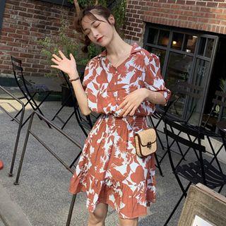 Leaf-print Short-sleeve Mini A-line Shirt Dress
