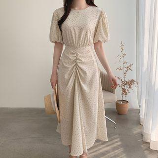 Short-sleeve V-neck Dotted Ruched Chiffon Dress