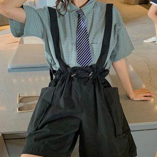 Tie-neck Short-sleeve Blouse / Jumper Shorts