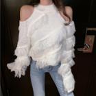 Cold Shoulder Fringed Trim Sweater