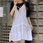 Short-sleeve Plain T-shirt / Striped Mini Overall Dress