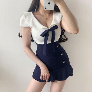 Collared Ribbon Cap-sleeve Mini A-line Dress