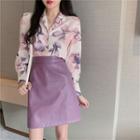 Chiffon Floral Print Shirt / Faux Leather Skirt