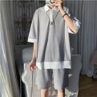 Set: Short-sleeve Paneled Polo Shirt + Shorts