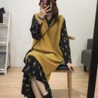 Set: Long-sleeve Floral Print Midi A-line Dress + Sleeveless Knit Shift Dress