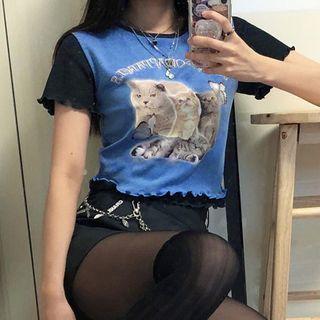 Contrast Color Cat Print Short-sleeve Cropped T-shirt