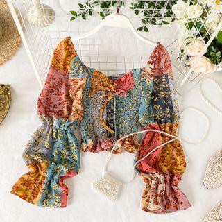 Printed Smocked Cropped Blouse