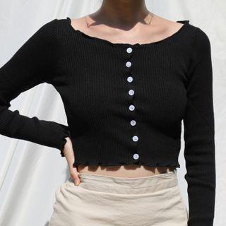 Long-sleeve Lettuce Edge Cropped Knit Top