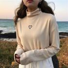 Heart Embroidered Long-sleeve Mock-turtleneck Top