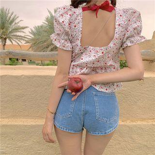 Floral Square-neck Short-sleeve Blouse