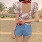 Floral Square-neck Short-sleeve Blouse