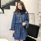 Mock Two Piece Cut Out Shoulder Denim Shirt Dress