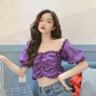 Frilled Short-sleeve Cropped Blouse Purple - One Size