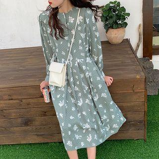 Long-sleeve Floral Printed Tie Waist Pleated Dress