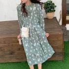 Long-sleeve Floral Printed Tie Waist Pleated Dress
